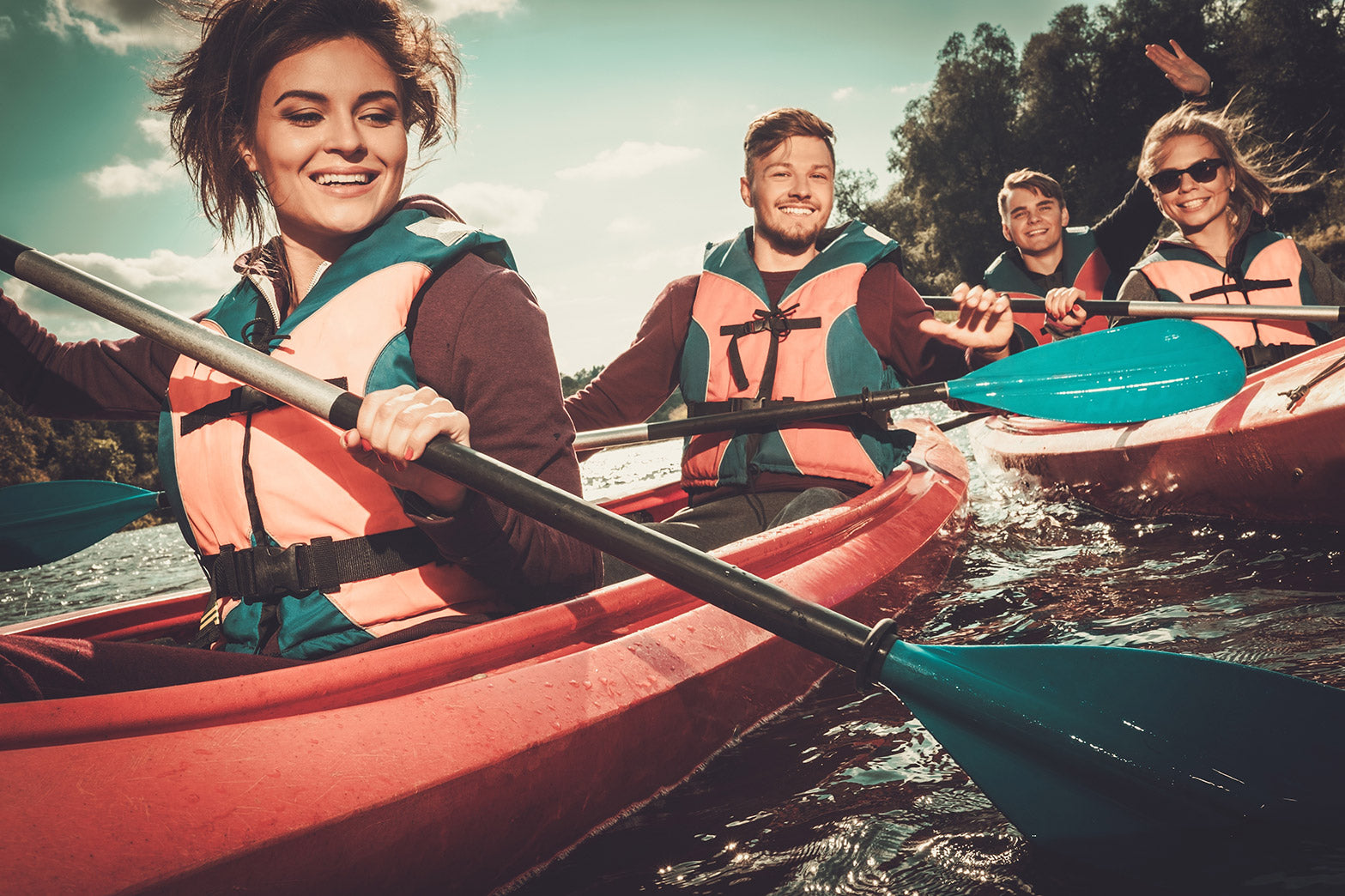 Group of Friends going kayaking in the summer June