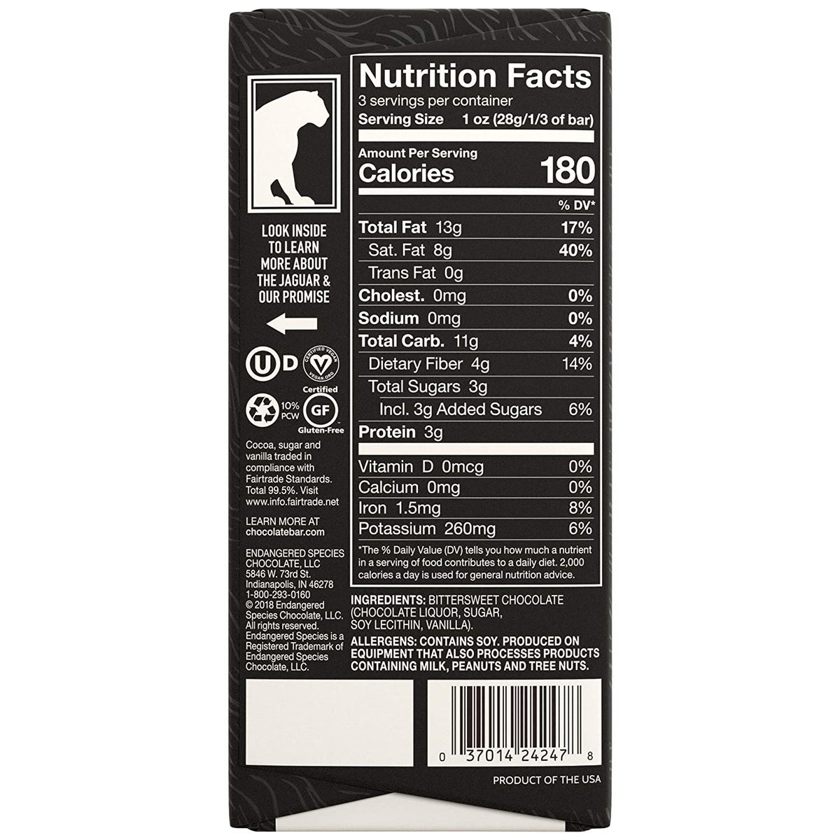 Endangered Species Dark Chocolate Bar Black Panther 88% (PG