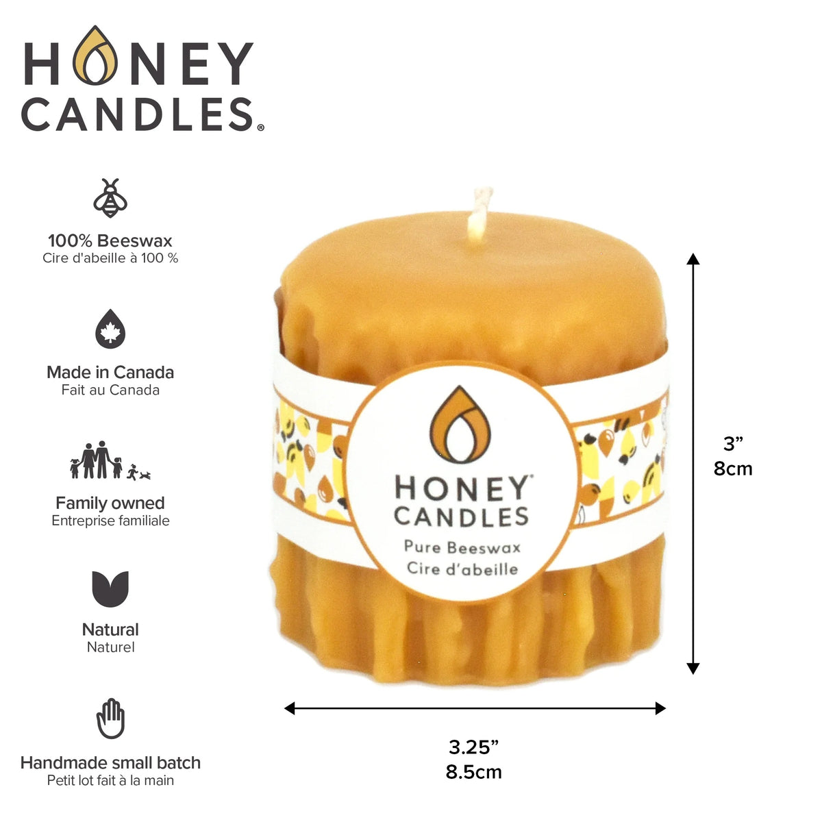 Honey Candles Ltd Pure Beeswax 3 Pillar Heritage Drip 3in