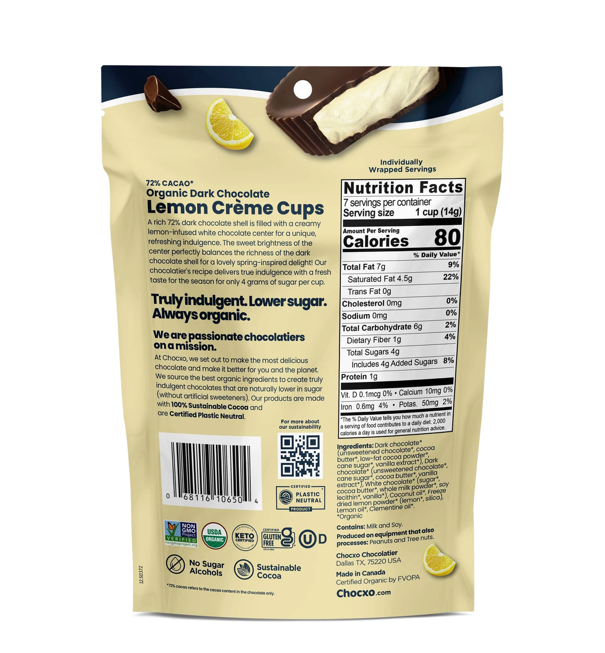 ChocXO Lemon Creme Cup - 72% Dark Org. 98g