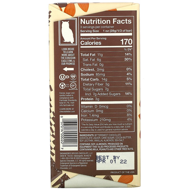 Endangered Species Chocolate Bar Sea Salth &amp; Almond Owl 85g