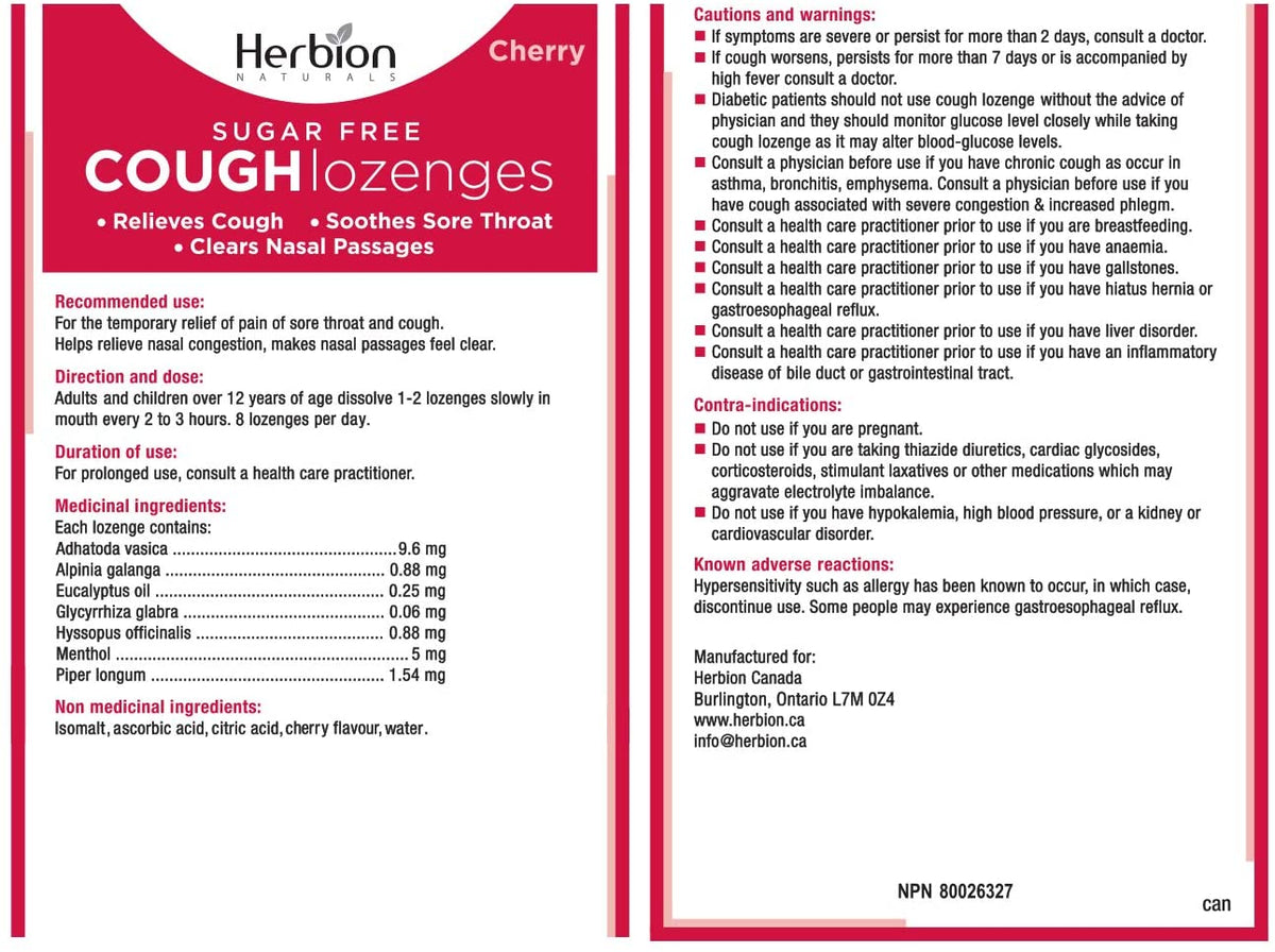 Herbion Canada Sugar Free Cough Lozenges Cherry 18loz