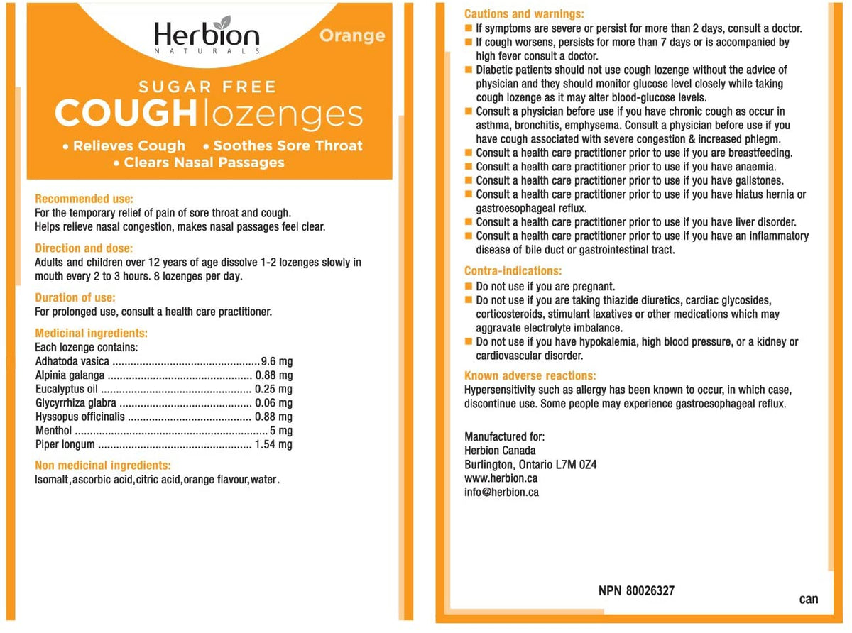 Herbion Canada Sugar Free Cough Lozenges Orange 18loz