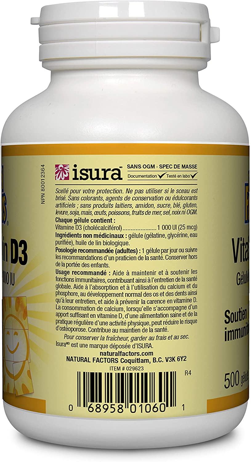 Natural Factors Vitamin D3 1 000IU 500soft gels